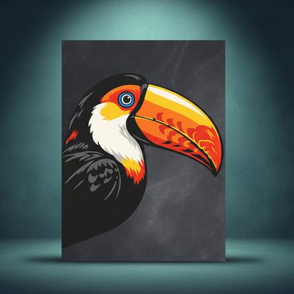 Close up front view of Toucan rhinestone canvas showing bold full color toucan design with vivid oversized golden beak and sleek black plumage on deep black background with crystal placement zones visible


