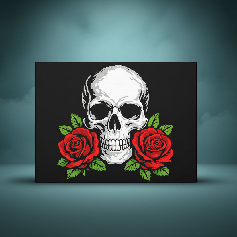 Skull and red roses rhinestone canvas featuring bold black and white skull surrounded by vivid crimson rose blooms on deep black background, 16x12 horizontal gallery wrapped canvas